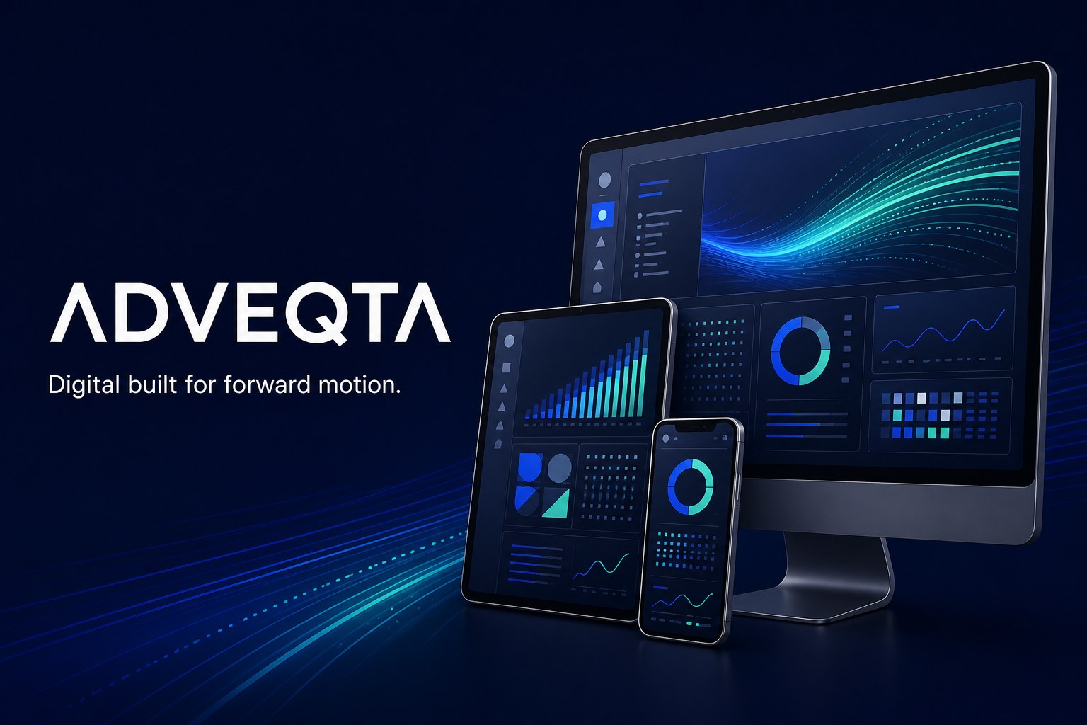 ADVEQTA interface concept displayed across responsive desktop, tablet and mobile screens